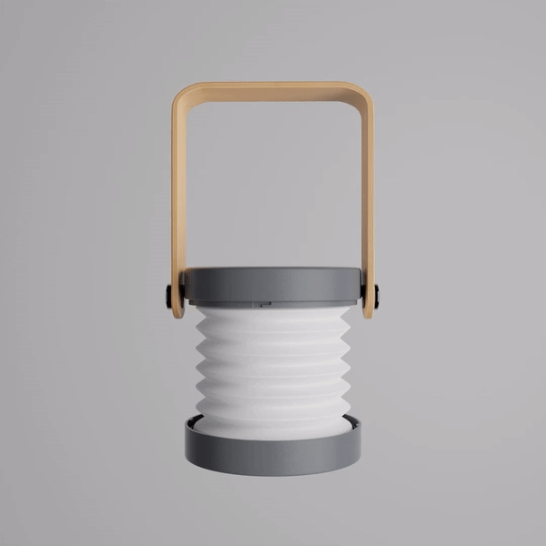 Lykt Lanta LED lantern in Urban Ash, featuring a unique grey expandable shade, matching grey base, and a natural wooden handle, perfect for modern home decor.